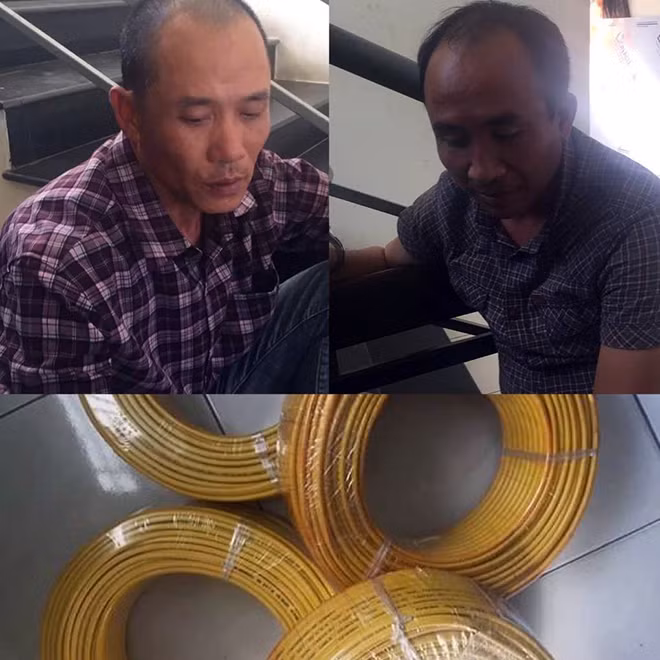 Đông và Dương cùng số cuộn dây điện giả bị tạm giữ tại Công an quận Ngũ Hành Sơn.