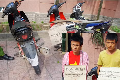 Hai đối tượng cùng tang vật vụ án.
