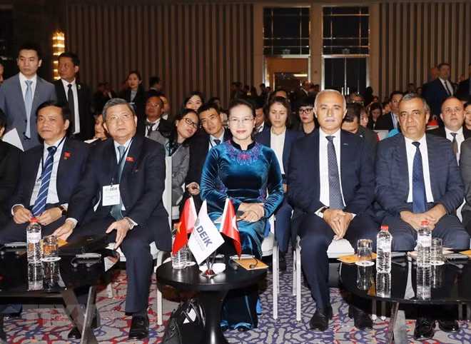 Chủ tịch Quốc hội Nguyễn Thị Kim Ngân, Chủ nhiệm Ủy ban Đối ngoại của Quốc hội Nguyễn Văn Giàu, Tổng Thư ký, Chủ nhiệm Văn phòng Quốc hội Nguyễn Hạnh Phúc; ông Nail Olpak, Chủ tịch Hội đồng Kinh tế đối ngoại Thổ Nhĩ Kỳ và các doanh nghiệp Thổ Nhĩ Kỳ tham dự Tọa đàm Cơ hội kinh doanh-đầu tư Việt Nam-Thổ Nhĩ Kỳ. (Ảnh: Trọng Đức/TTXVN)