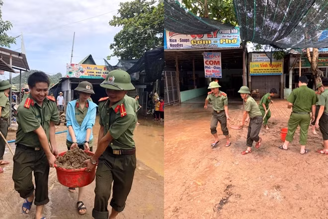 Công an huyện Bố Trạch, Quảng Bình giúp người dân thu dọn vệ sinh, ổn định cuộc sống, kinh doanh sau lũ.