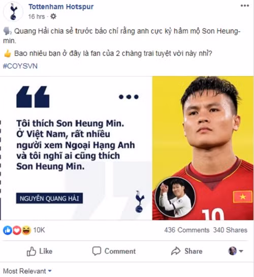 Theo Tottenham, Quang Hải hâm mộ Song Heung - min. Ảnh chụp màn hình.