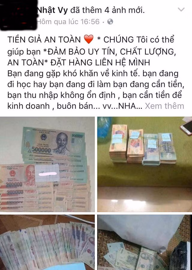 Một trong những Facebook bán tiền giả trên mạng Internet. (Ảnh tiền giả)