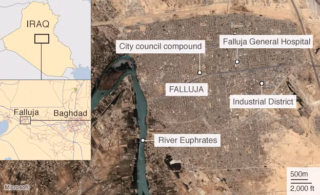 Falluja có vị trí chiến lược với Iraq. Ảnh: BBC
