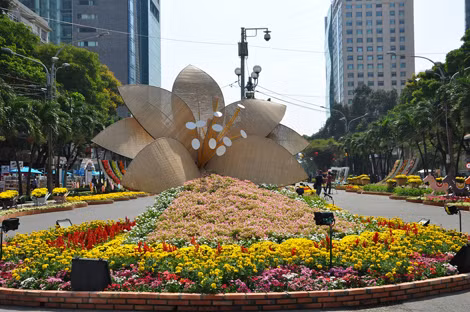 Đường hoa Nguyễn Huệ đẹp rực rỡ nhưng khá vắng vẻ trong buổi sớm tinh khôi.