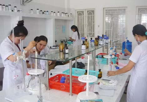 Sinh viên ngành Dược, Trường ĐH Võ Trường Toản (Hậu Giang) trong giờ thực hành.