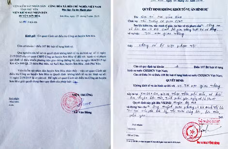 Quyết định không khởi tố vụ án hình sự của Cơ quan CSĐT Công an huyện Sơn Hòa và công văn phê chuẩn của cơ quan kiểm sát cùng cấp.