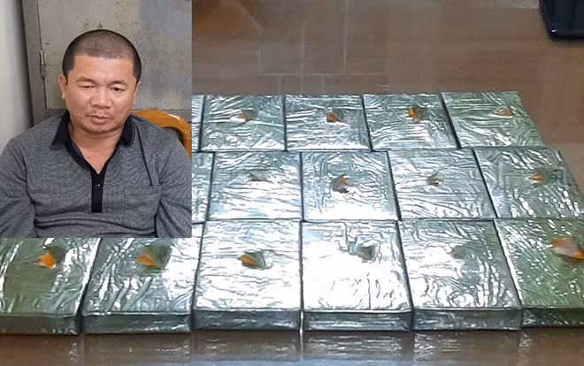 Bùi Anh Thương và số heroin khủng bị thu giữ.