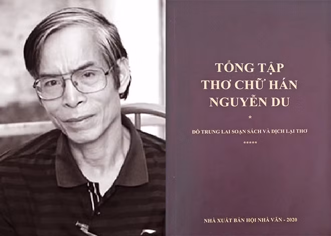 Nhà thơ Đỗ Trung Lai và bìa sách “Tổng tập thơ chữ Hán Nguyễn Du” do nhà thơ Đỗ Trung Lai soạn và dịch thơ.