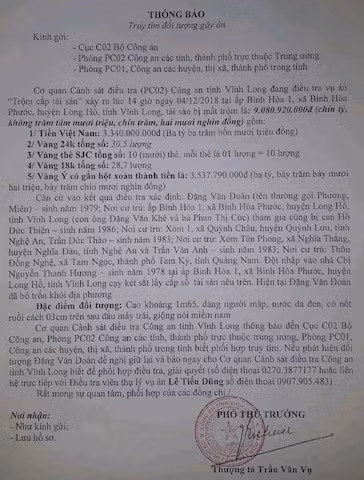 Thông báo của cơ quan điều tra.