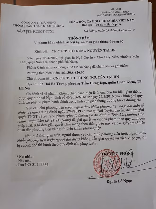 Quyết định xử phạt của Phòng CSGT Công an TP. Đà Nẵng đối với đoàn xe vi phạm TTATGT, vượt đèn đỏ.