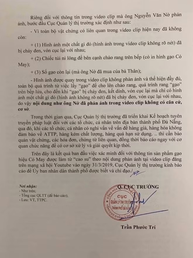 Kết luận kiểm tra của Chi cục QLTT Đà Nẵng khẳng định “thông tin xuất hiện gạo giả làm bằng cao su” là hoàn toàn không có căn cứ, cơ sở và gây hoang mang dư luận.