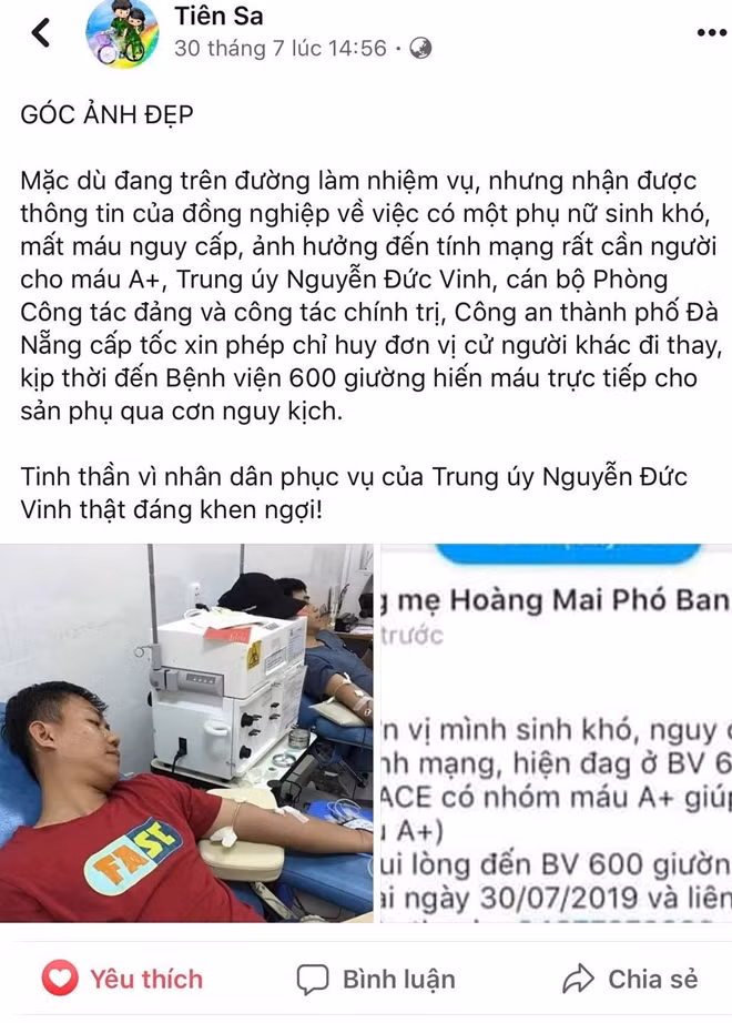 Hình ảnh đẹp của chiến sĩ Công an kịp thời hiến nhóm máu A+ hiếm gặp để cứu sản phụ qua cơn nguy kịch được cộng đồng mạng chia sẻ, ngợi khen.