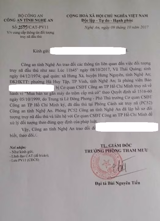 Công văn thông báo vụ việc của Công an Nghệ An.