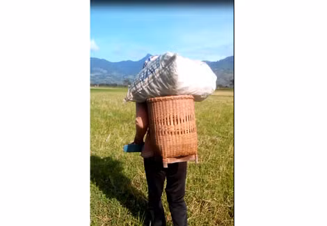 H'Thoai gùi bao phân bò khô về nhà.
