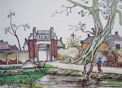 Tác phẩm "Cổng làng quê tôi" của họa sỹ Ngô Xuân Hoằng.