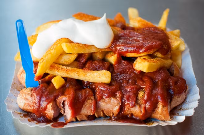 Currywurst cũng thường được ăn kèm với khoai tây chiên. Ảnh: Getty.