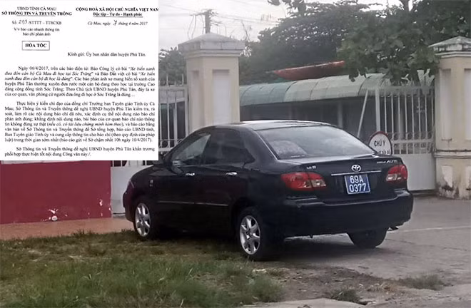 Xe ô tô biển xanh đến Trường Cao đẳng Cộng đồng Sóc Trăng đón ông Giang về Cà Mau và Công văn của Sở TT&TT Cà Mau đề nghị huyện Phú Tân báo cáo về việc báo chí phản ánh sử dụng xe công đi học. Xe ô tô biển xanh đến Trường Cao đẳng Cộng đồng Sóc Trăng đón ông Giang về Cà Mau và Công văn của Sở TT&TT Cà Mau đề nghị huyện Phú Tân báo cáo về việc báo chí phản ánh sử dụng xe công đi học.