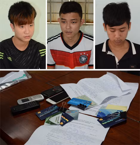 Các đối tượng và tang vật gây án của băng nhóm Nguyễn Thành Trung, Lê Quang Linh, Nguyễn Xuân Tân.