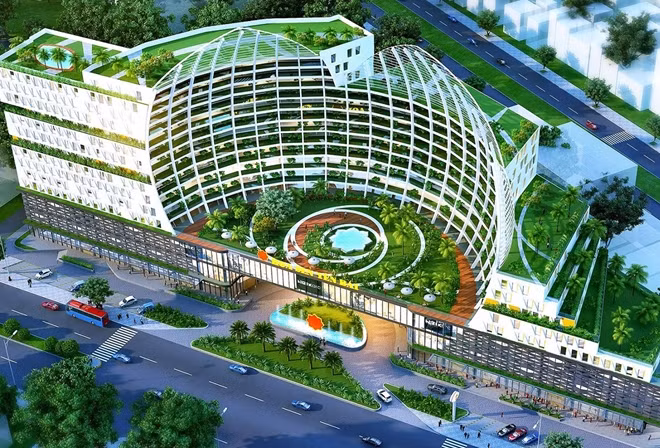 Phối cảnh dự án Khu Trung tâm thương mại, khách sạn Hoa Sen Yên Bái pha lẫn vẻ đẹp của núi rừng Tây Bắc và biểu tượng của thương hiệu Hoa Sen.
