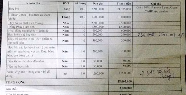 Phiếu thu các khoản đóng góp đầu năm tại trường Tiểu học Pascal, Từ Liêm, Hà Nội.