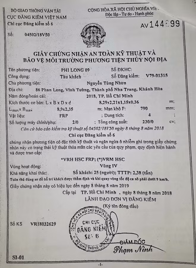 Giấy chứng nhận an toàn kỹ thuật tàu Phi Long 09