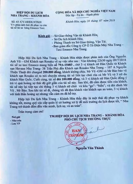 Văn bản kiến nghị của Hiệp hội du lịch Nha Trang - Khánh Hòa