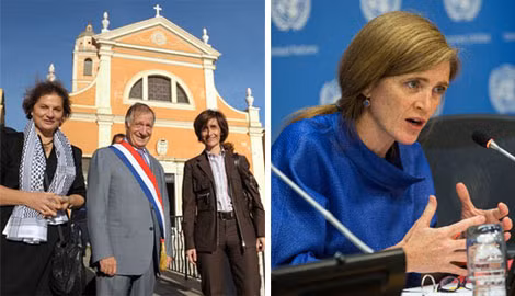 Dina Kawar (bên phải ảnh trái), đại sứ Jordan tại LHQ; Đại sứ Mỹ Samantha Power (ảnh phải).