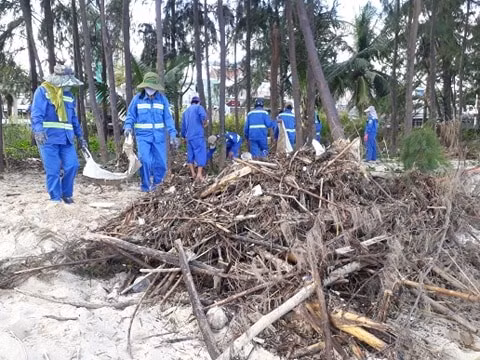Gần 1.000 công nhân thuộc Công ty Cổ phần Môi trường Đô thị thành phố Đà Nẵng đã được huy động dọn vệ sinh môi trường dọc các bãi biển Võ Nguyên Giáp, Hoàng Sa và Nguyễn Tất Thành.