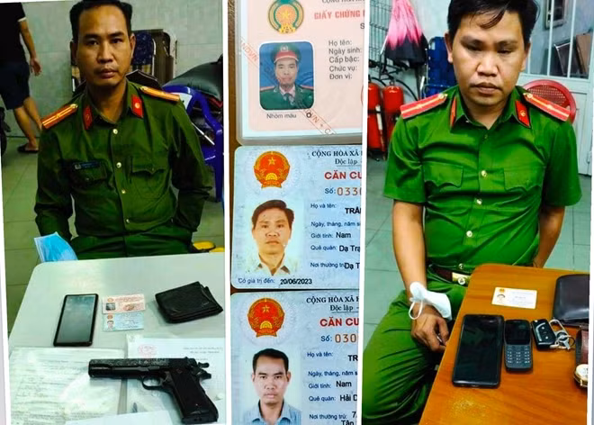 Sơn và Thái thời điểm bị bắt quả tang trong trang phục Công an