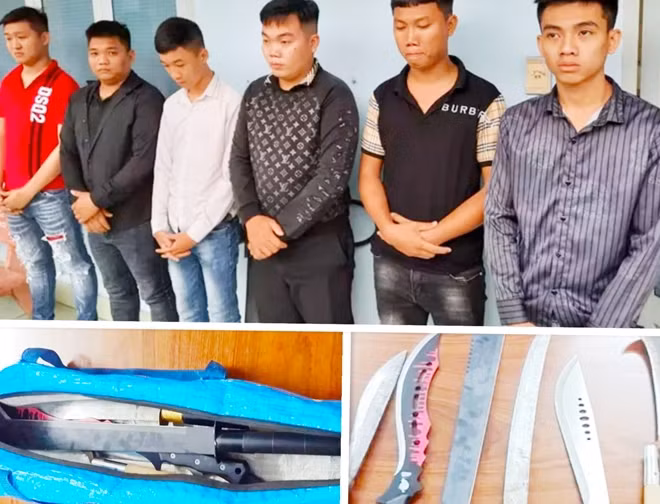 Một số đối tượng trong 2 nhóm và số hung khí thu giữ được