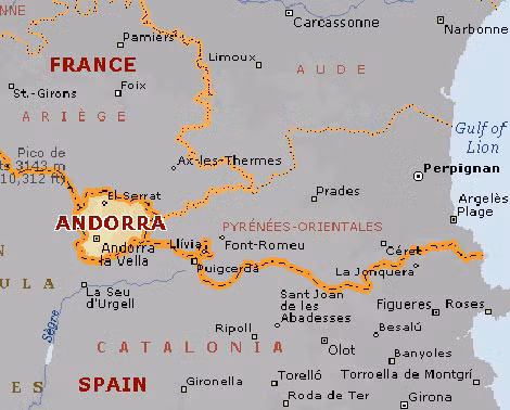 Vị trí địa lý của Công quốc Andorra “kẹp” giữa Pháp và Tây Ban Nha.