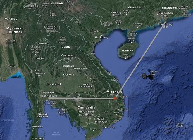 Đường bay của CX700Z từ Bangkok đến Hong Kong.