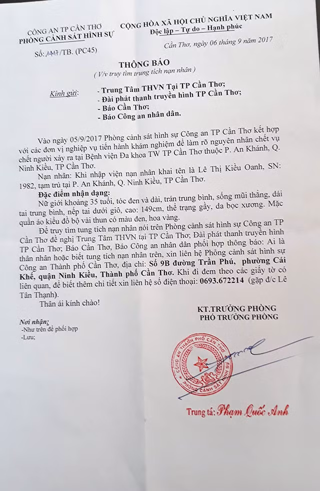 Thông báo ai là thân nhân hoặc biết tung tích nạn nhân trên, xin liên hệ Phòng Cảnh sát hình sự Công an TP Cần Thơ.