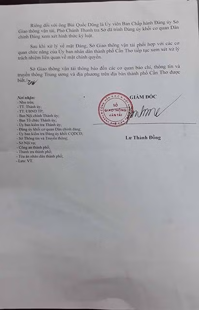 Thông cáo báo chí của Sở GTVT TP Cần Thơ về kết quả xử lý trách nhiệm người đứng đầu và cấp phó người đứng đầu tại Đảng bộ bộ phận TTGT để Đảng viên vi phạm.