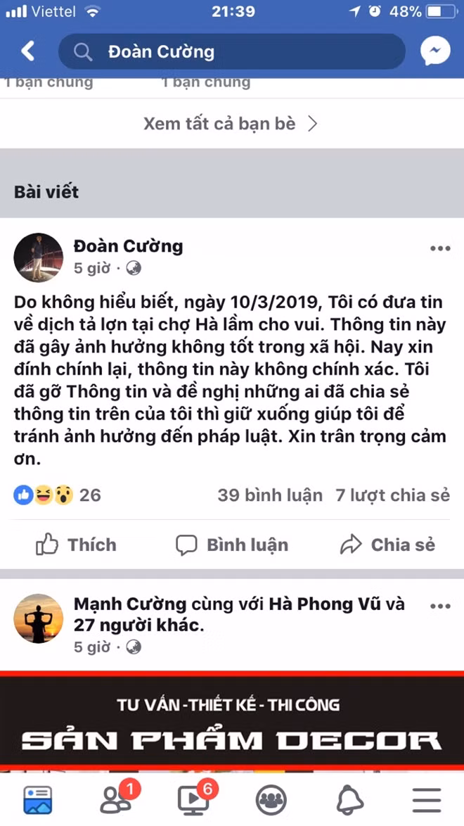 Sau khi bị xử lý do thông tin sai sự thật chủ tài khoản facebook đã đính chính và xin lỗi