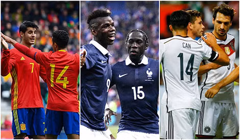 Tây Ban Nha, Pháp và Đức đang là những đội tuyển được đánh giá cao nhất trước thềm Euro 2016. Tây Ban Nha, Pháp và Đức đang là những đội tuyển được đánh giá cao nhất trước thềm Euro 2016.