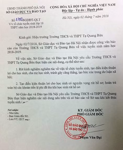 Công văn của Sở GD&ĐT gửi trường THCS và THPT Tạ Quang Bửu. Công văn của Sở GD&ĐT gửi trường THCS và THPT Tạ Quang Bửu.
