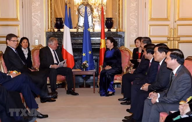 Chủ tịch Quốc hội Nguyễn Thị Kim Ngân hội kiến Chủ tịch Thượng viện CH Pháp Gerand Larcher. (Ảnh: Trọng Đức/TTXVN)