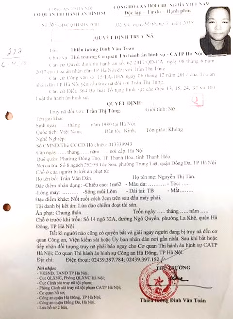 Lệnh truy nã đặc biệt Trần Thị Tùng.