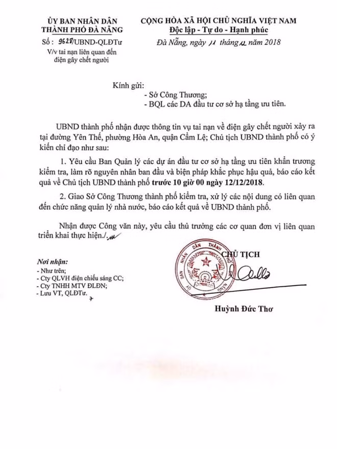 Công văn chỉ đạo của chủ tịch UBND TP. Đà Nẵng yêu cầu làm rõ nguyên nhân vụ tai nạn điện làm 2 người thương vong.