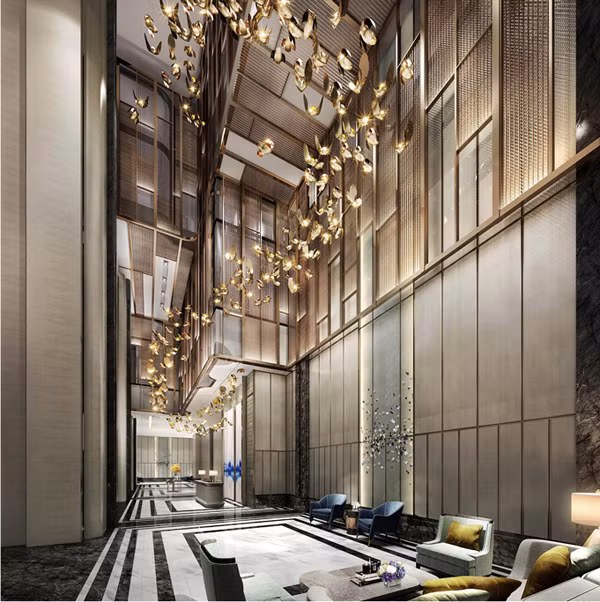 Sảnh đón tiếp của Vinpearl Luxury Landmark 81 sở hữu kiến trúc độc đáo, thời thượng.