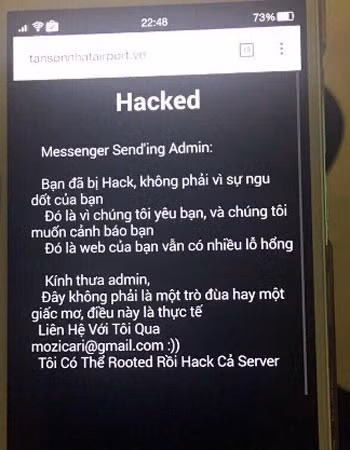 Lời cảnh báo của tin tặc trên website sân bay Tân Sơn Nhất.