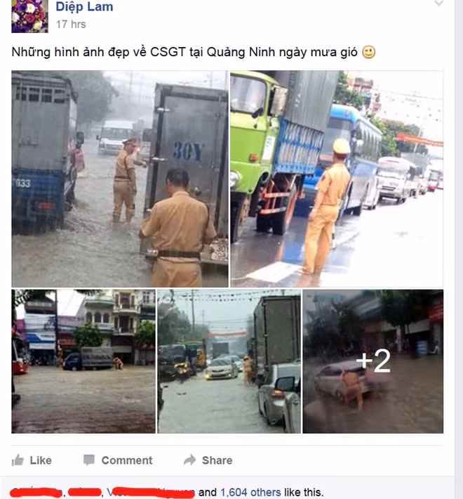 Những bức ảnh lực lượng CSGT ngâm mình trong nước phân luồng giao thông, giúp đỡ nhân dân đã được sự ủng hộ mạnh mẽ của cộng đồng mạng.