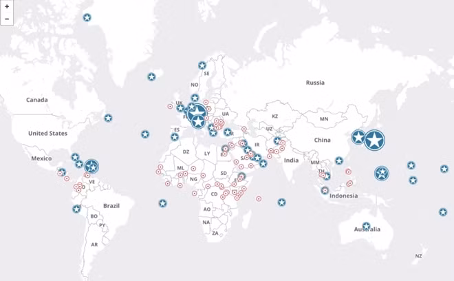 Bản đồ thể hiện vị trí Mỹ có căn cứ quân sự trên thế giới. Ảnh: Mapinmap.ru