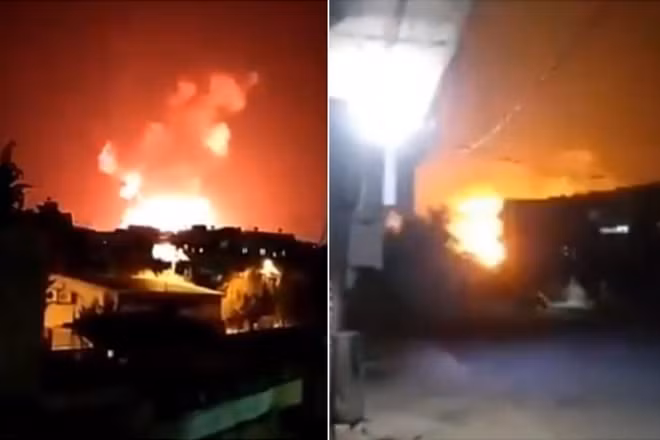 Các vệt lửa bốc lên từ căn cứ quân sự Syria sau đòn không kích. Ảnh: ITN