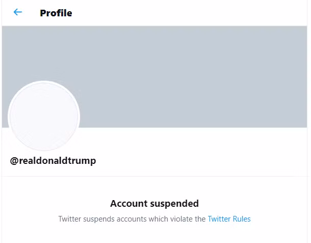 Tài khoản Twitter của ông Trump bị đình chỉ. Ảnh chụp màn hình
