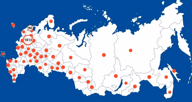 Bản đồ số ca nhiễm COVID-19 ở Nga. Ảnh: The Moscow Times