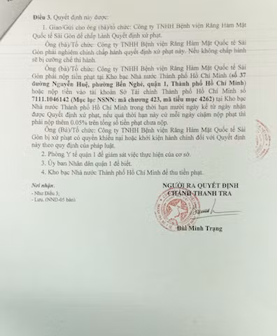 Quyết định xử phạt vi phạm hành chính của Sở Y tế TP Hồ Chí Minh đối với Công ty TNHH Bệnh viện Răng Hàm Mặt Quốc tế Sài Gòn.