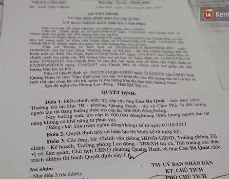 Quyết định của chính quyền địa phương về việc hỗ trợ chế độ người tàn tật cho anh Cao Bá Quát.