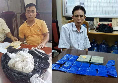 Đối tượng Phạm Văn Minh cùng tang vật (trái); đối tượng Lê Quang Dựng bị bắt khi vận chuyển 2 bánh heroin và 19 gói ma túy tổng hợp.